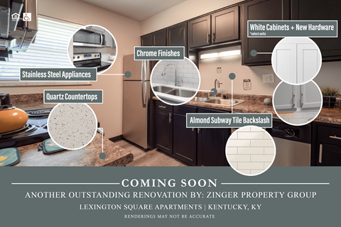 A kitchen renovation advertisement for Lexington Square Apartments in Kentucky.