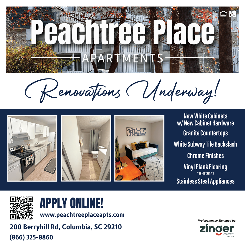 Apartment advertisement for Peachtree Place showcasing renovations and available amenities.