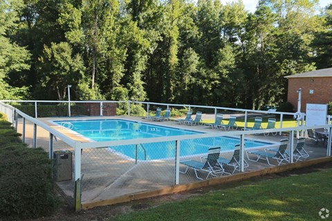 A pool surrounded by trees and chairs.