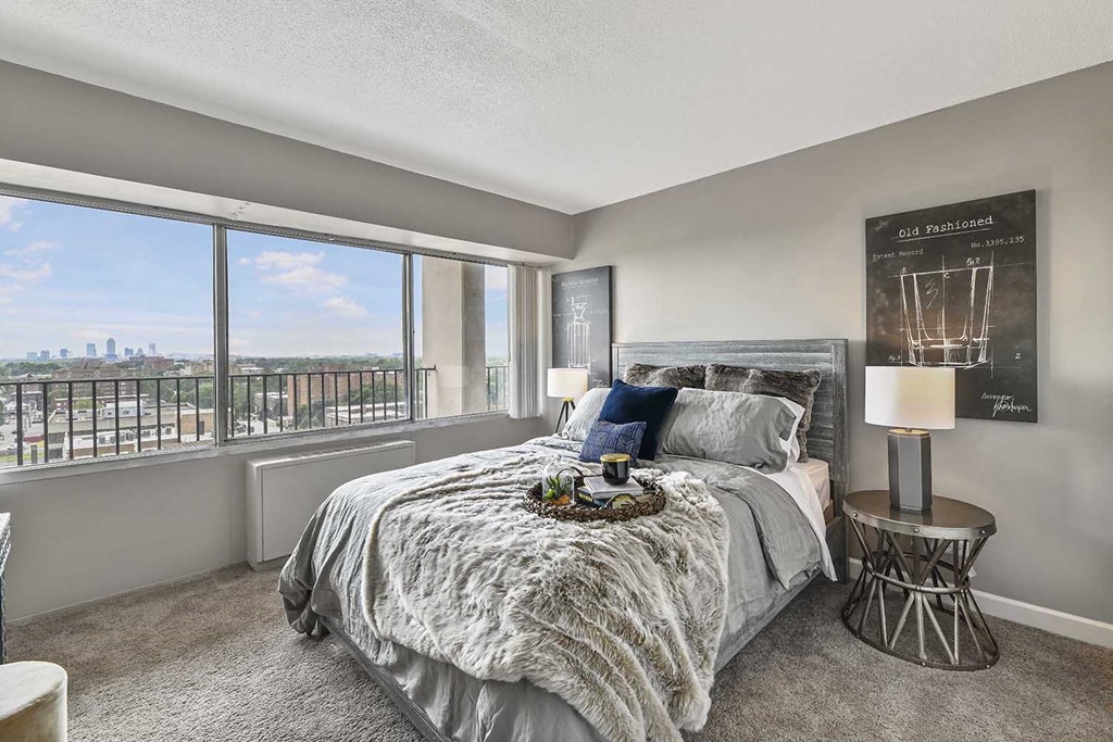 Large master bedroom with wall to wall windows at CityView on Meridian, Indiana, 46208
