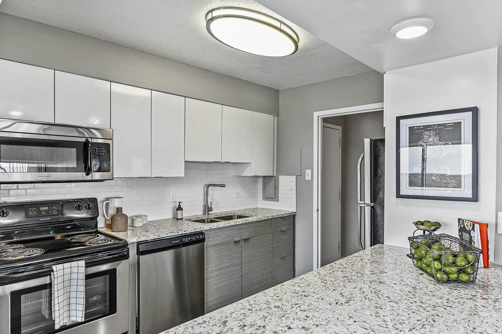 Over-the-Range Microwaves Renovated kitchen with stainless steel appliances and bright lights at CityView on Meridian, Indiana, 46208