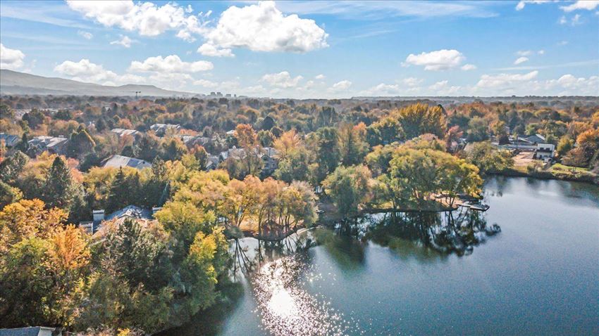 an aerial view of a lake surrounded by trees and houses