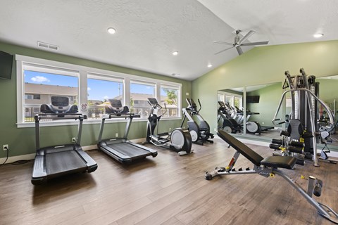 A spacious home gym with a variety of exercise equipment and a view of the outside through the windows.