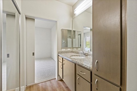 A bathroom with a sink, mirror, and wooden cabinets.
