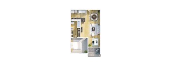 A top-down view of a house layout with a kitchen, living room, and bathroom.