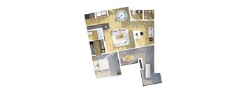A top down view of a house with a kitchen, living room, dining room, and bathroom.