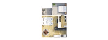 A top down view of a kitchen, dining area, and living room.