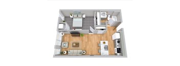 A top-down view of a modern apartment layout with a living room, kitchen, and bedroom.