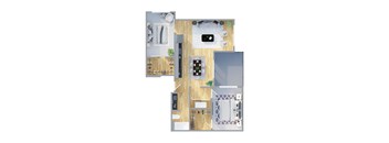 A top-down view of a house layout with a kitchen, living room, and bedrooms.