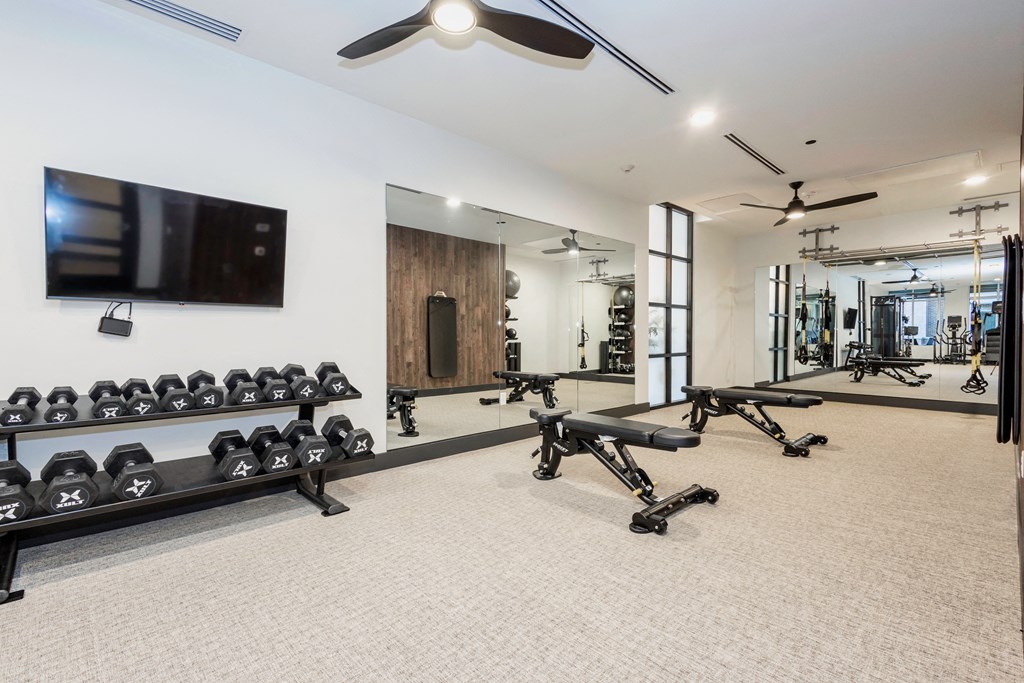 Well-equipped fitness center with free weights, mirrors walls, and a tv at Sylvan Uptown, Denver, CO