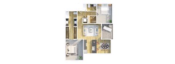 A top-down view of a house interior with a kitchen, living room, and bathroom.