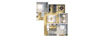 A floor plan of a house with a kitchen, living room, dining room, and bedrooms.
