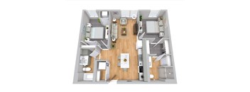 A top-down view of a modern apartment layout with a central kitchen island and surrounding living and dining areas.
