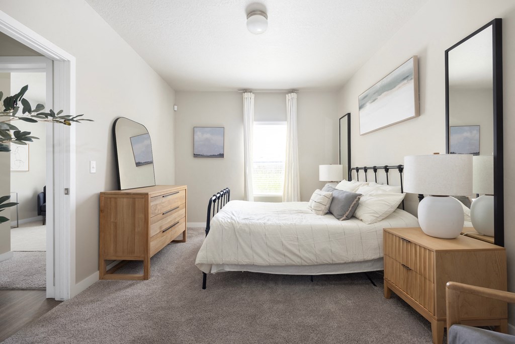 a bedroom with a bed and dresser