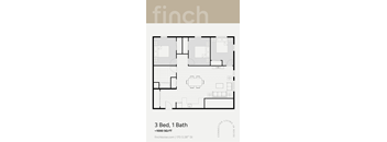 A floor plan for a 3 bedroom, 1 bathroom apartment at finchboise.com.