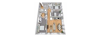 A 3D floor plan of a house with a kitchen, living room, dining room, and two bedrooms.