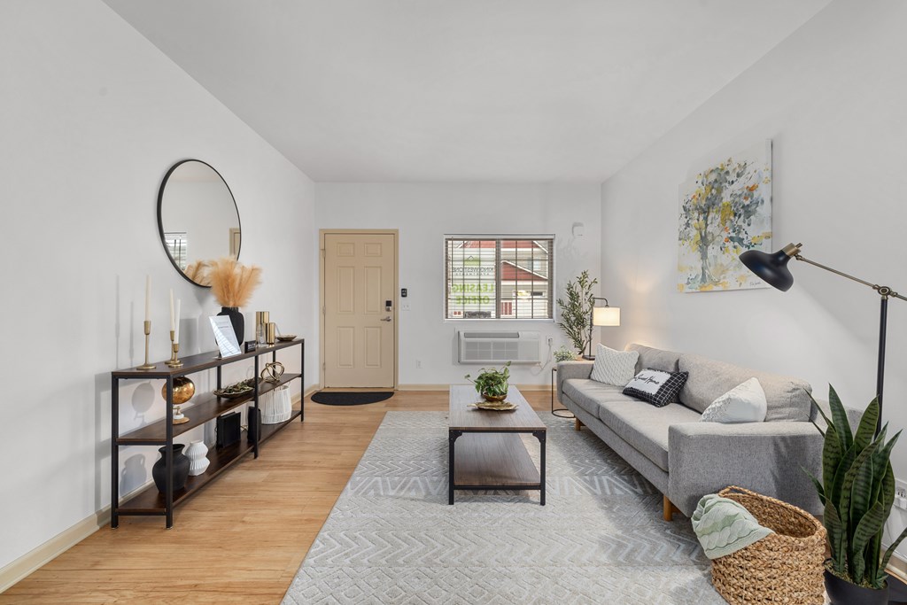 A living room with a grey sofa, a coffee table, a mirror, and a potted plant.