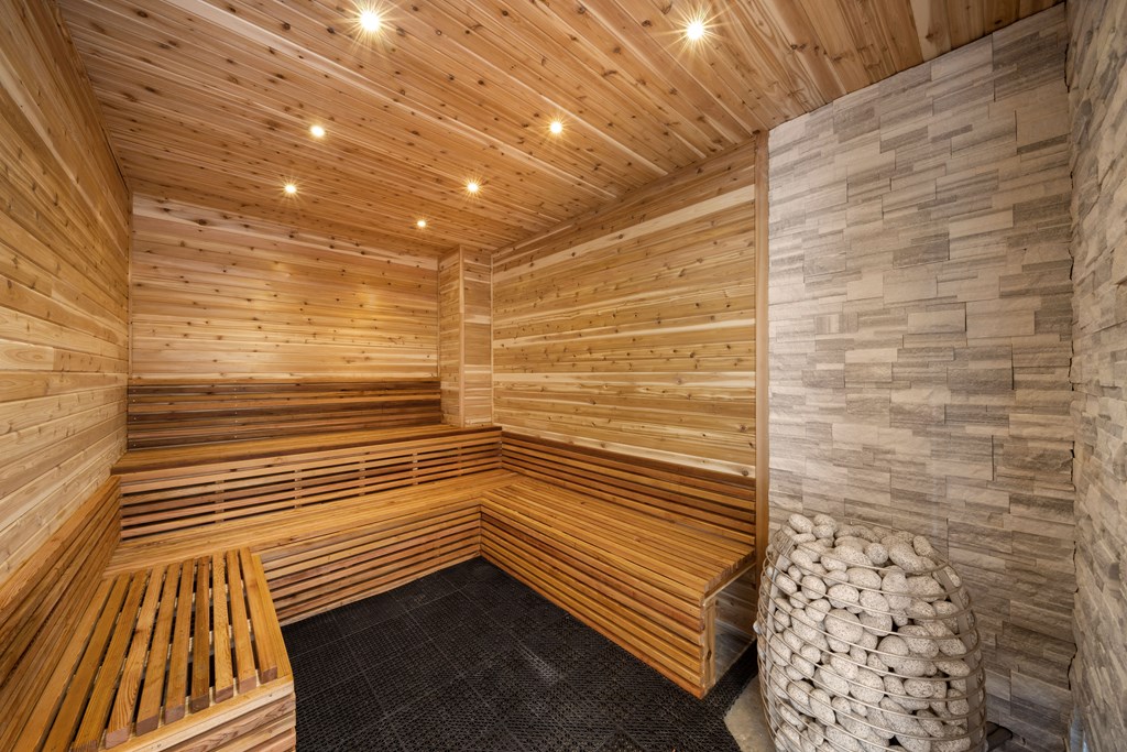 an infrared sauna with wooden walls and benches