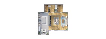 A floor plan of a house with a living room, kitchen, and two bedrooms.