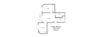 A black and white image of a floor plan for a 2 bedroom, 1 bathroom apartment.