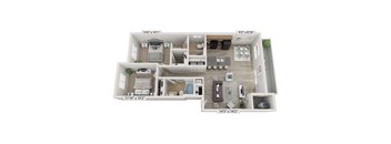 A 3D floor plan of a house with dimensions and room labels.