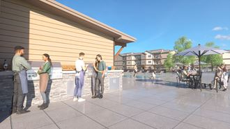 a rendering of the pool area with people standing around it and buildings in the background