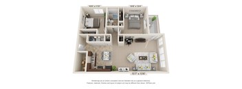 this is a 3d floor plan of a 752 square foot 1 bedroom apartment at the  at Brooklyn West, Missoula, 59808