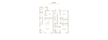 A floor plan of a three bedroom, two bathroom apartment with a living and dining area.