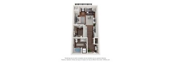 A 3D floor plan of a small apartment with a kitchen, living room, and bathroom.
