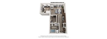A 3D floor plan of a small apartment with a kitchen, living room, and bathroom.