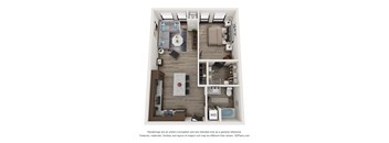 A 3D floor plan of a small apartment with a kitchen, living room, and bathroom.