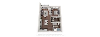 A 3D floor plan of a small apartment with a kitchen, living room, and bathroom.
