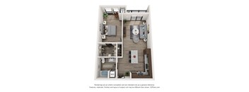 A 3D floor plan of a small apartment with a kitchen, living room, and bathroom.