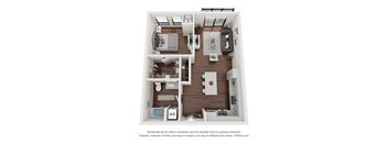 A 3D floor plan of a small apartment with a kitchen, living room, and bathroom.