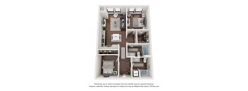 A 3D floor plan of a small apartment with a living room, kitchen, and bathroom.