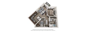 A 3D floor plan of a house with a kitchen, living room, and two bedrooms.