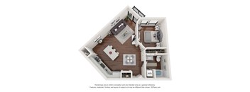 A 3D floor plan of a house with a kitchen, living room, and bathroom.