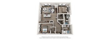 A 3D floor plan of a small apartment with a kitchen, living room, and bedrooms.