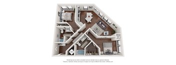 A 3D floor plan of a house with a kitchen, living room, dining room, and bathroom.