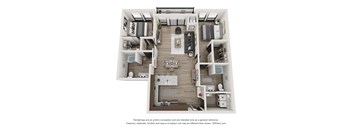 A 3D floor plan of a small apartment with a kitchen, living room, and bedrooms.
