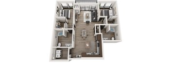 A top-down view of a house layout with a kitchen, living room, and bedrooms.