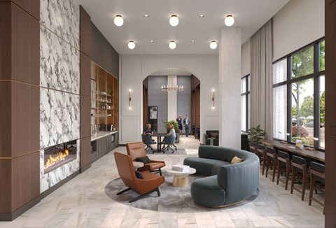 A modern living room with a fireplace and comfortable seating.