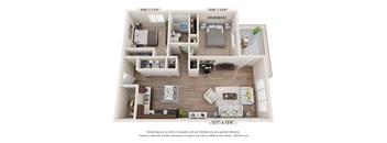 A floor plan of a two-bedroom apartment with a living room, kitchen, and bathroom.