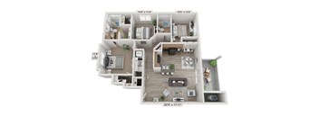 A 209x111 floor plan of a house with a living room, dining room, kitchen, and two bedrooms.