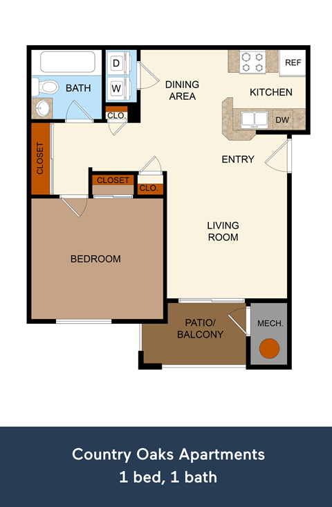 The Pin Oak one-bedroom one-bathroom floor plan at Country Oaks Apartments in Utah, 84015