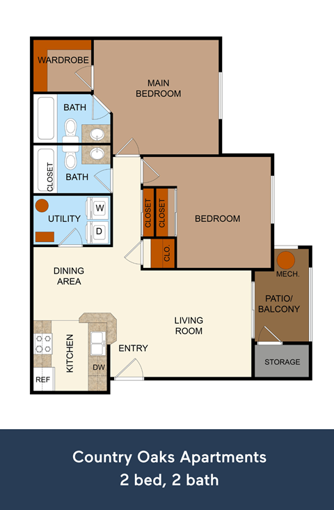 The Summard Oak two-bedroom, two-bathroom floor plan with  at Country Oaks Apartments in Clearfield, 84015
