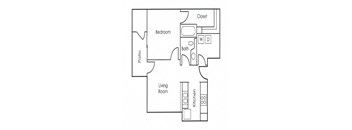 A floor plan of a small apartment with a living room, kitchen, bedroom, bathroom, and closet.