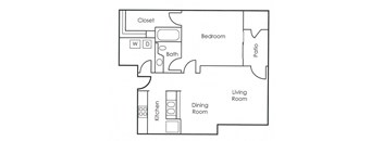 A floor plan of a small apartment with a kitchen, living room, bedroom, and bathroom.