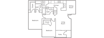 A floor plan of a house with a kitchen, dining room, living room, and two bedrooms.