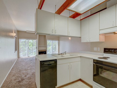 A kitchen with white cabinets and a black dishwasher.